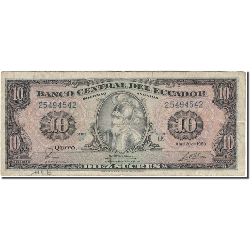 Banknot, Ekwador, 10 Sucres, 1983-04-20, KM:114b, F(12-15)
