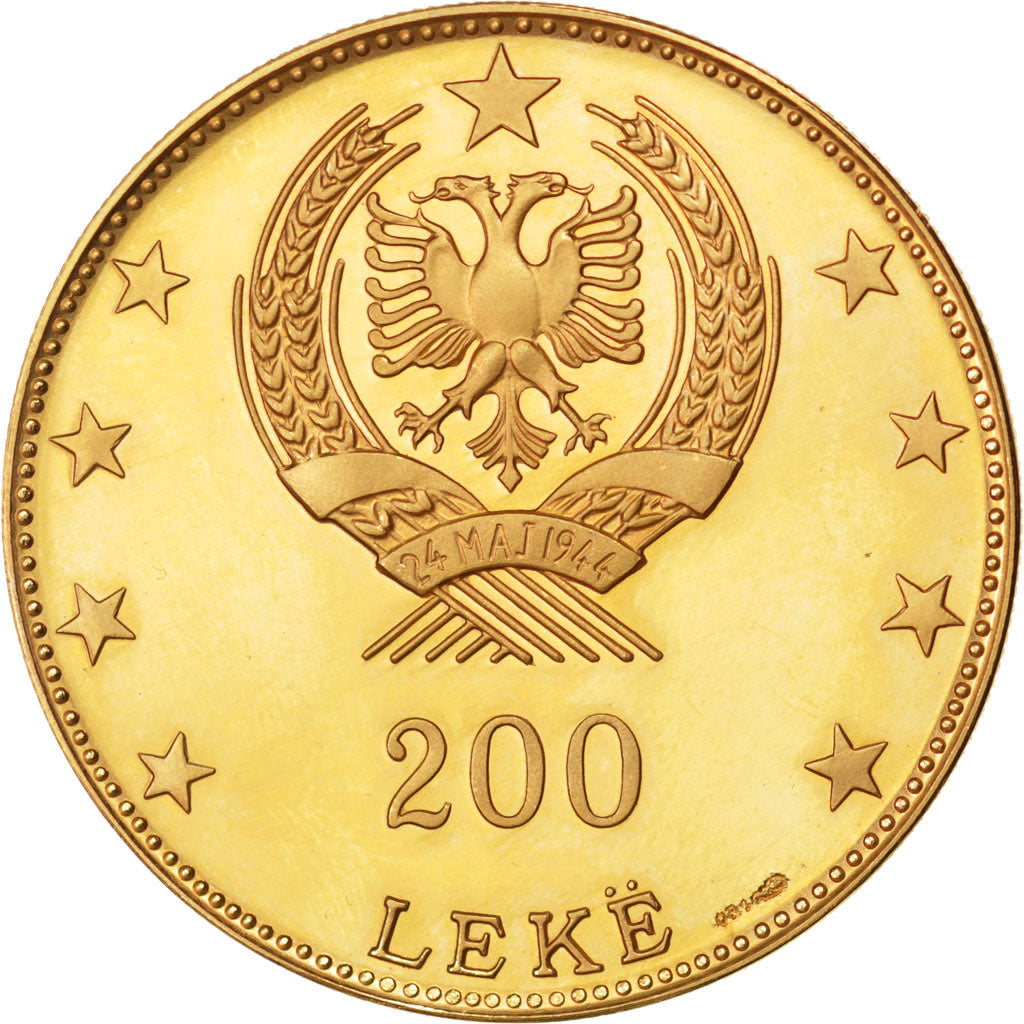 ALBANIA, 200 Leke, 1968, KM #55.1, graded, PCGS, MS(65-70), Gold, 39.41