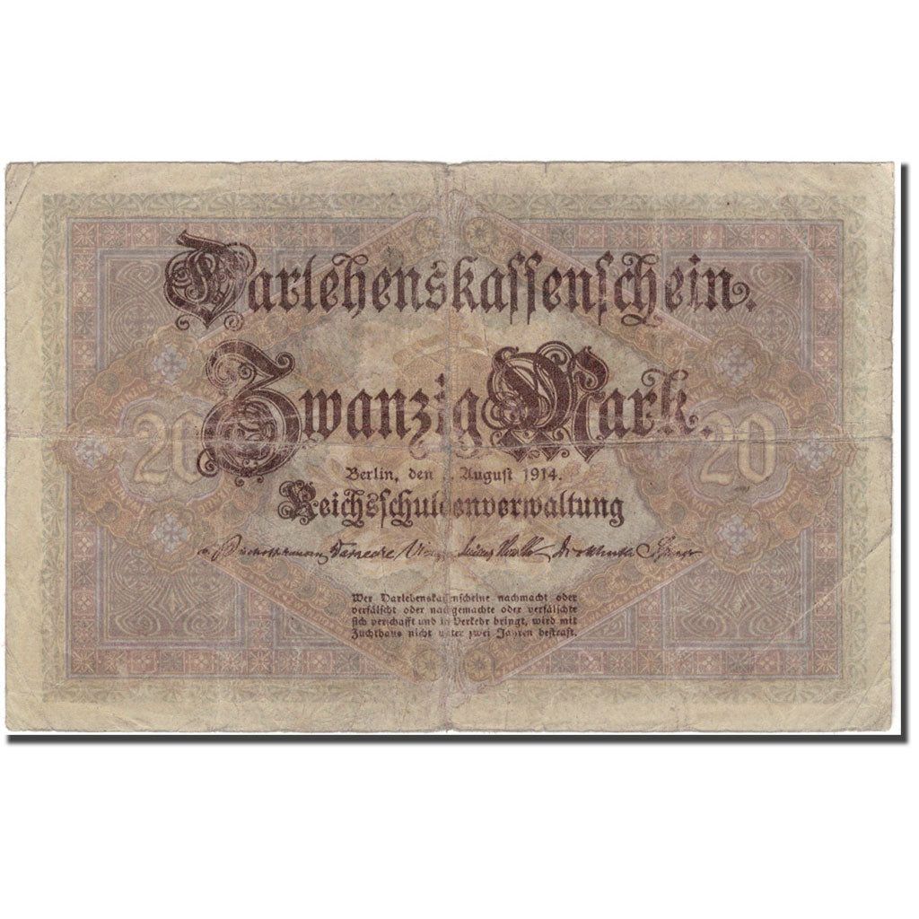 Banknote, Germany, 20 Mark, 1914, KM:48b, F(12-15)