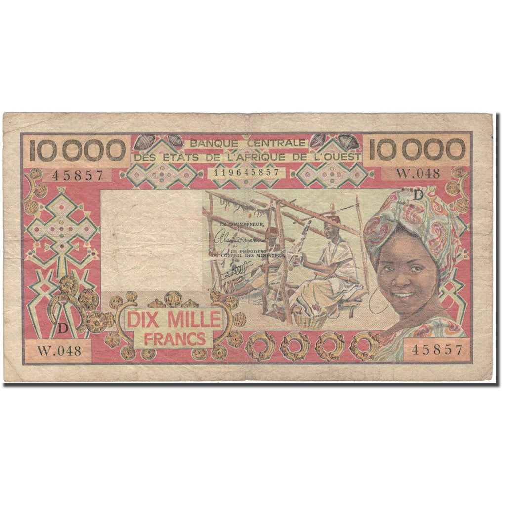 Banknote, West African States, 10,000 Francs, KM:408Dg, VF(20-25)