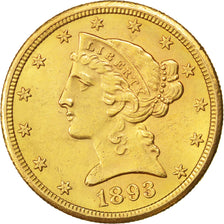 United States, 5 Dollars, 1893, San Francisco, KM #101, AU(55-58), Gold, 8.36