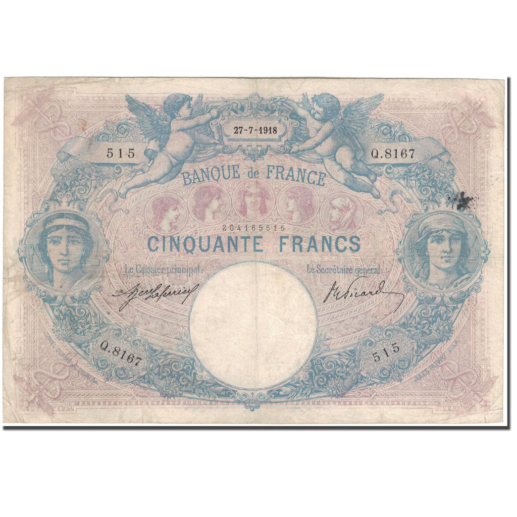 France, 50 Francs, 50 F 1889-1927 ''Bleu et Rose'', 1918-07-27, VF(20-25)
