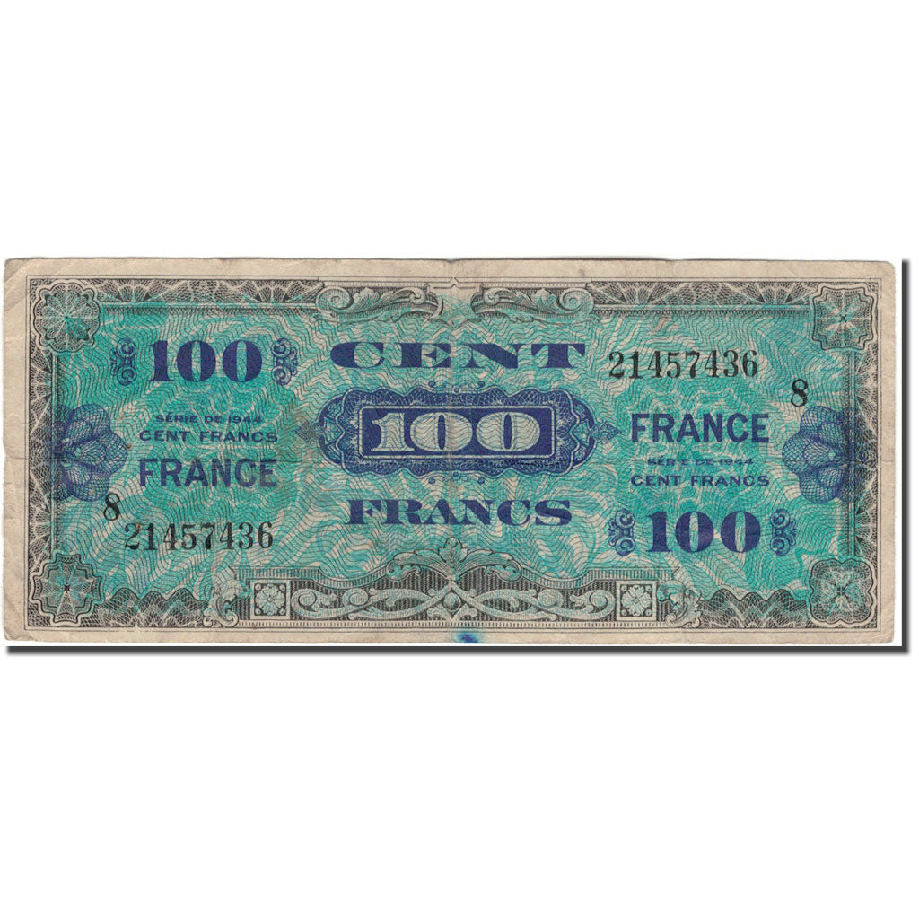 Francja, 100 Francs, 1944 Flag/France, 1944, VF(20-25), Fayette:25.8, KM:123c