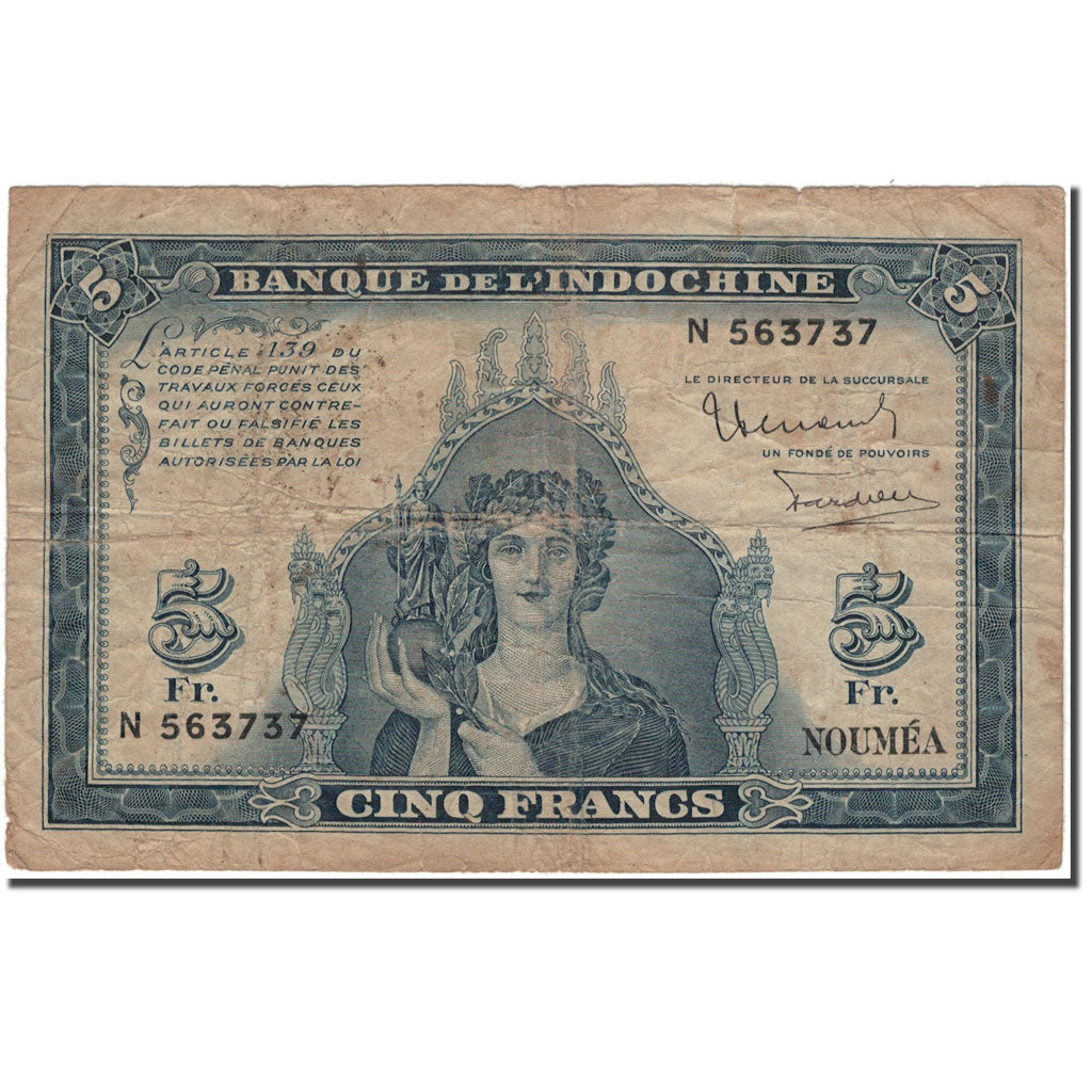 Banknote, New Caledonia, 5 Francs, KM:48, VF(20-25)