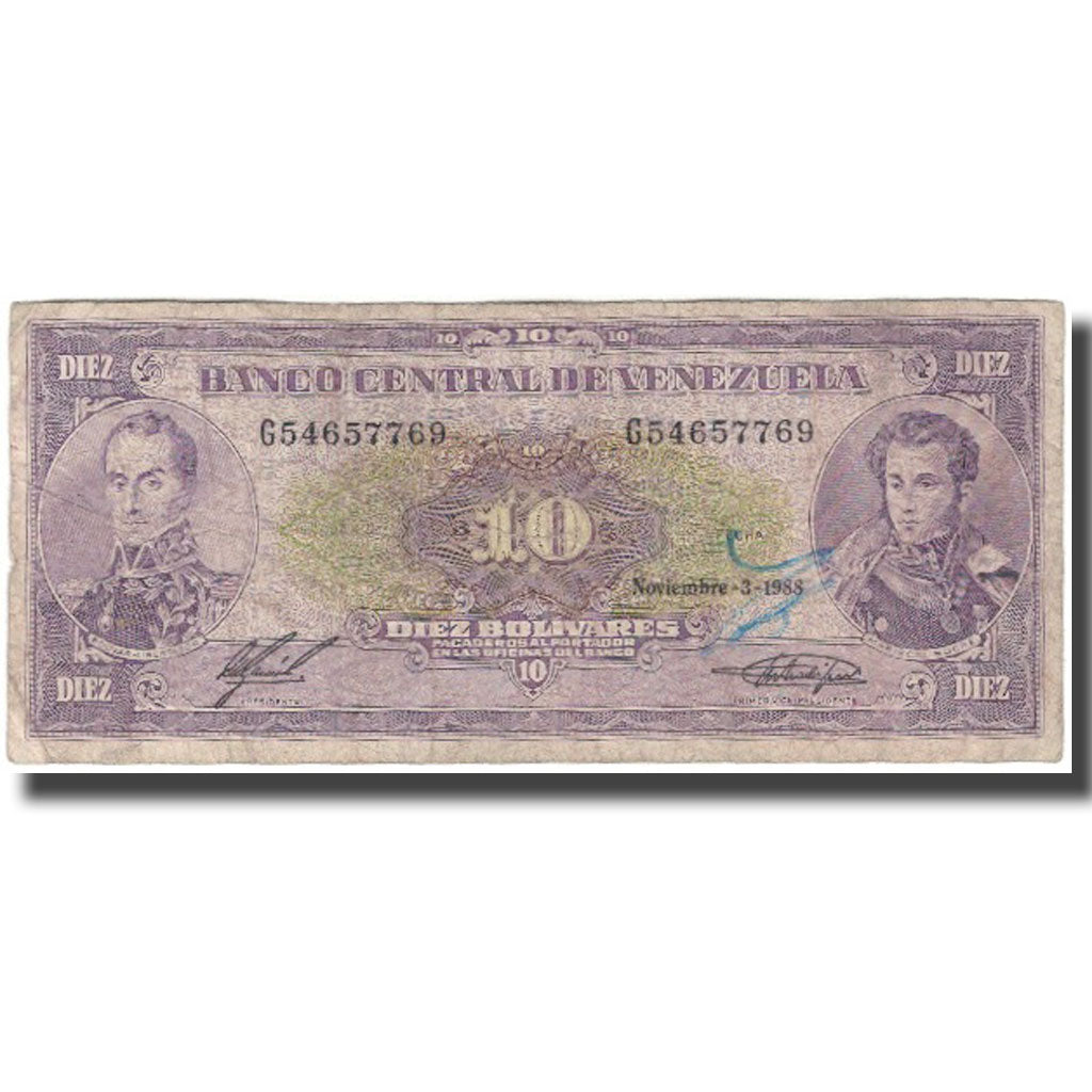 Banknote, Venezuela, 10 Bolívares, 1988-11-03, KM:62, VF(20-25)