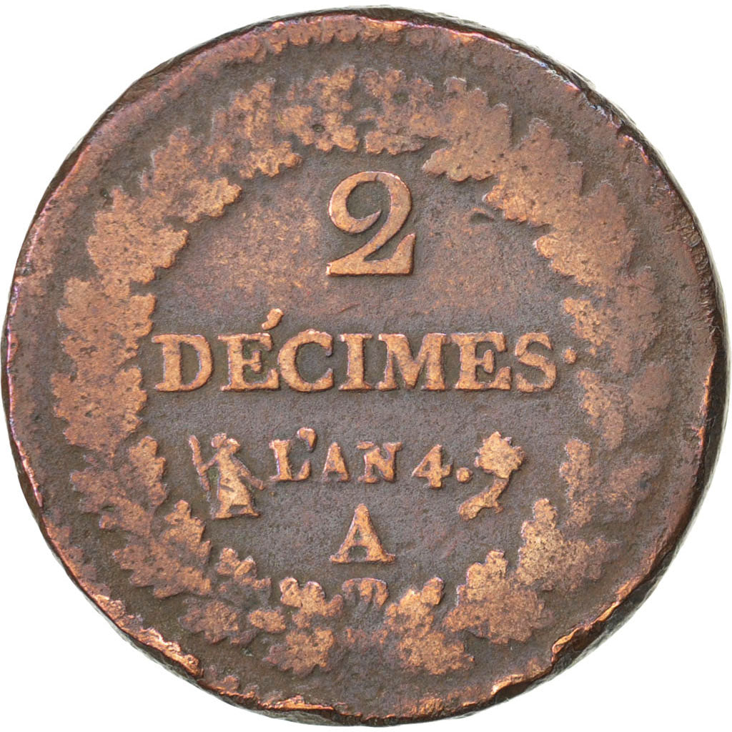 FRANCE, Dupré, 2 Decimes, 1795, Paris, KM #638.1, F(12-15), Bronze, 31, Gadoury 