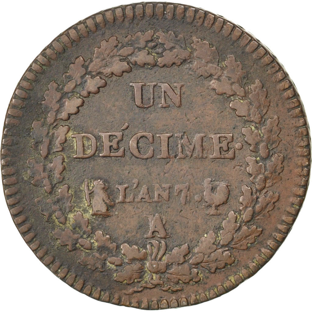 FRANCE, Dupré, Decime, 1798, Paris, KM #644.1, EF(40-45), Bronze, 32, Gadoury #.