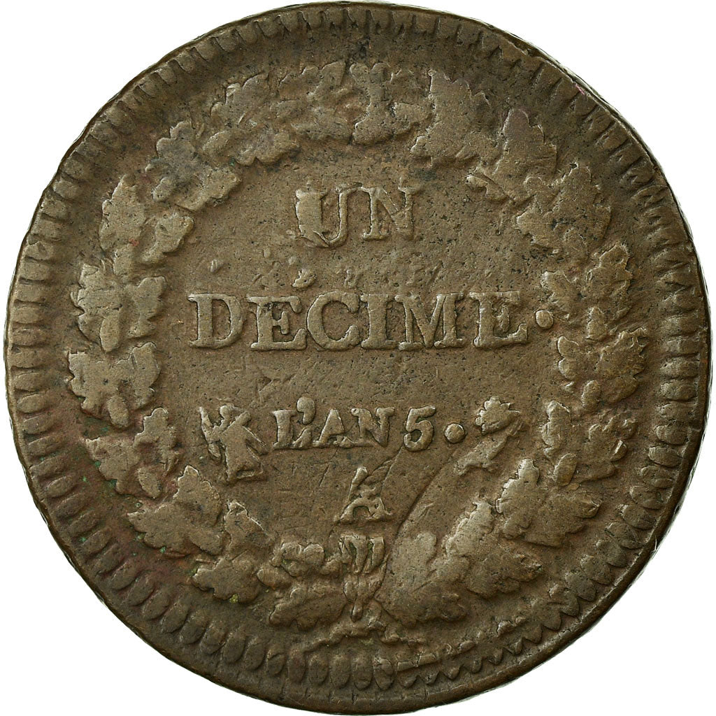 Moneta, Francia, Dupré, Decime, 1796, Paris, MB+, Bronzo, KM:645.1, Gadoury:185