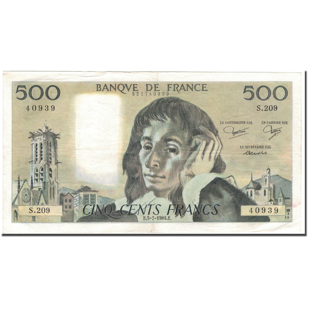 France, 500 Francs, Pascal, 1984-07-05, EF(40-45), Fayette:71.31, KM:156e