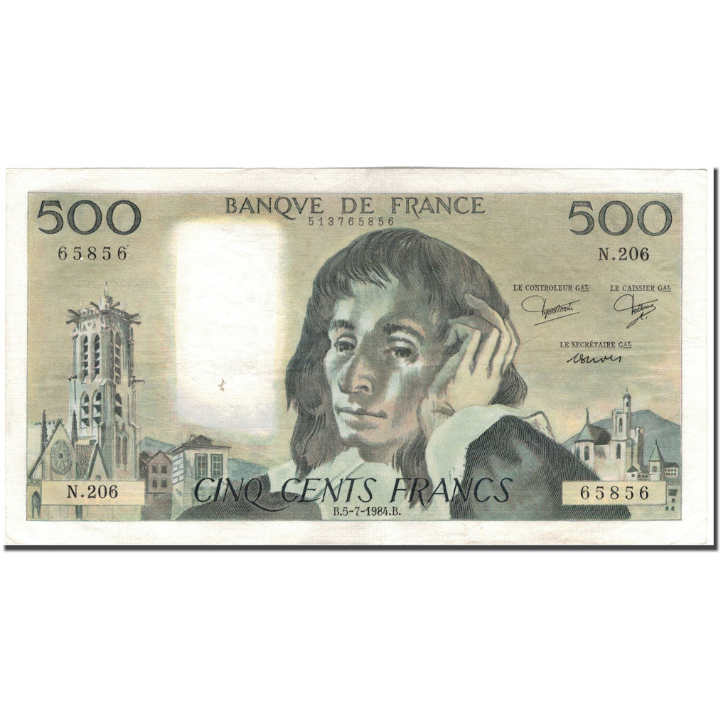 France, 500 Francs, Pascal, 1984-07-05, EF(40-45), Fayette:71.31, KM:156e