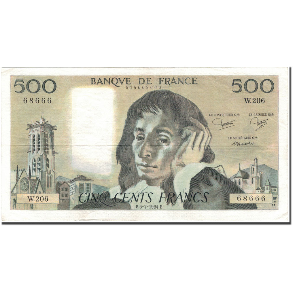 France, 500 Francs, Pascal, 1984-07-05, EF(40-45), Fayette:71.31, KM:156e