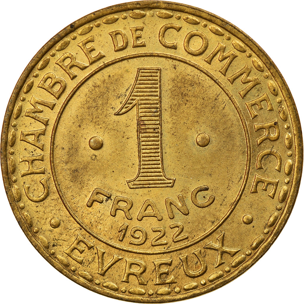 Coin, France, Chambre de Commerce, Evreux, 1 Franc, 1922, AU(55-58), Brass