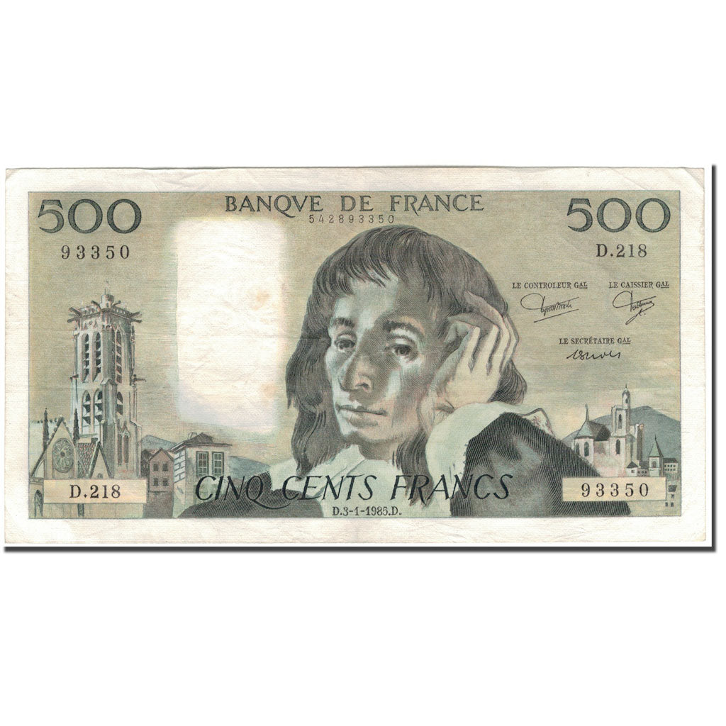 France, 500 Francs, Pascal, 1985-01-03, VF(30-35), Fayette:71.32, KM:156e