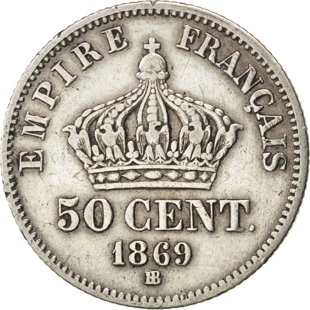 FRANCE, 50 Centimes, 1869, Strasbourg, KM #814.2, EF(40-45), Silver, Gadoury...
