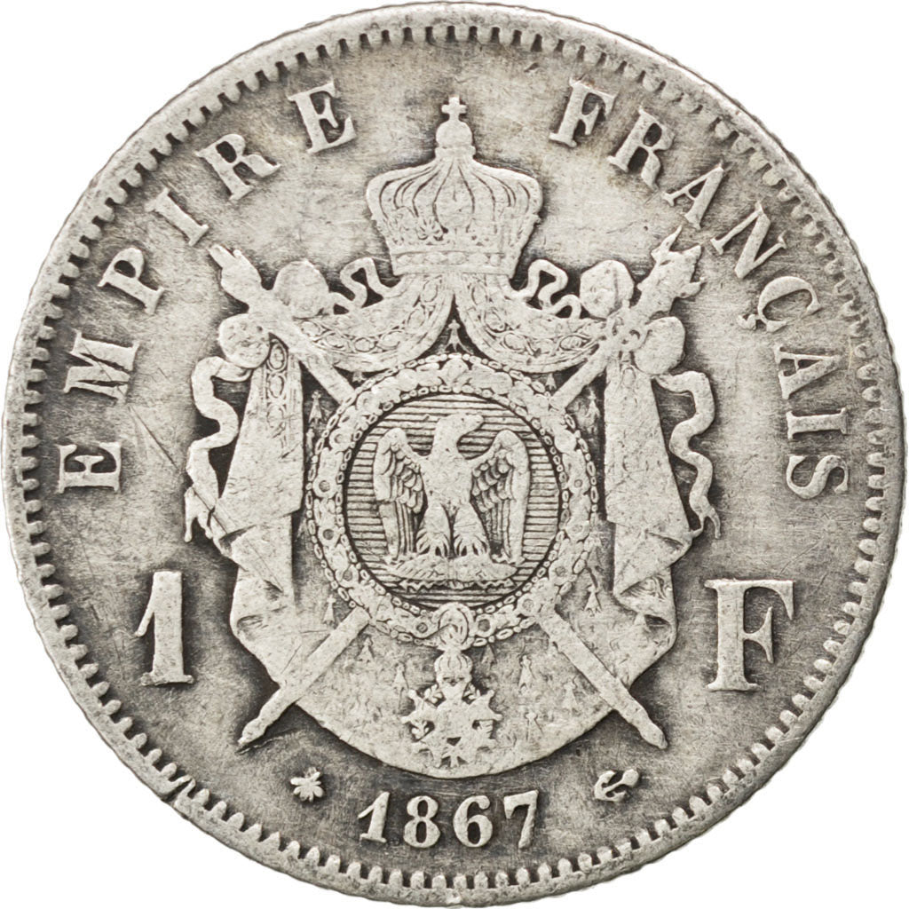 Francia, Napoleon III, Napoléon III, Franc, 1867, Paris, MB+, Argento, KM:80...