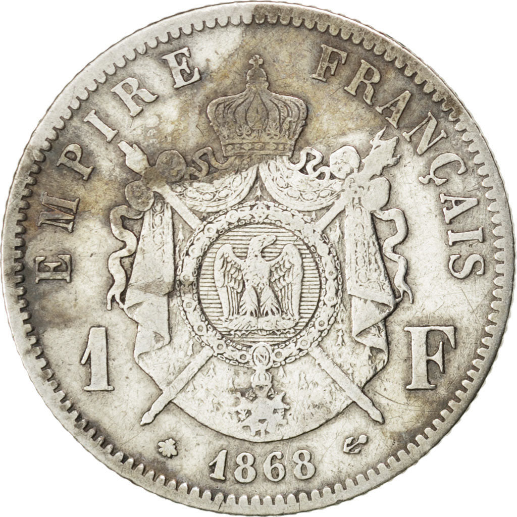 FRANCE, 1 Franc, 1868, Paris, KM #806.1, VF(20-25), Silver, Gadoury #463, 4.93