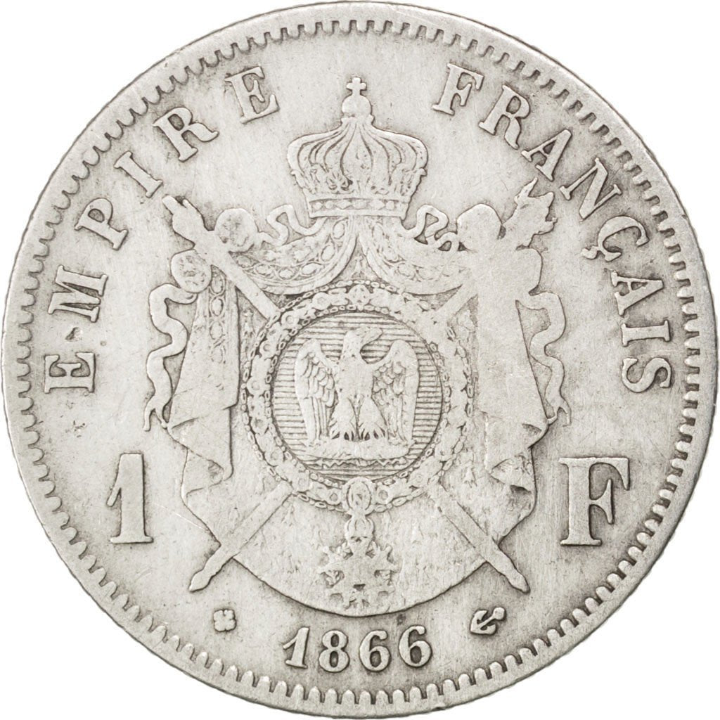 FRANCE, Napoléon III, Franc, 1866, Strasbourg, KM #806.2, VF(30-35), Silver, G..