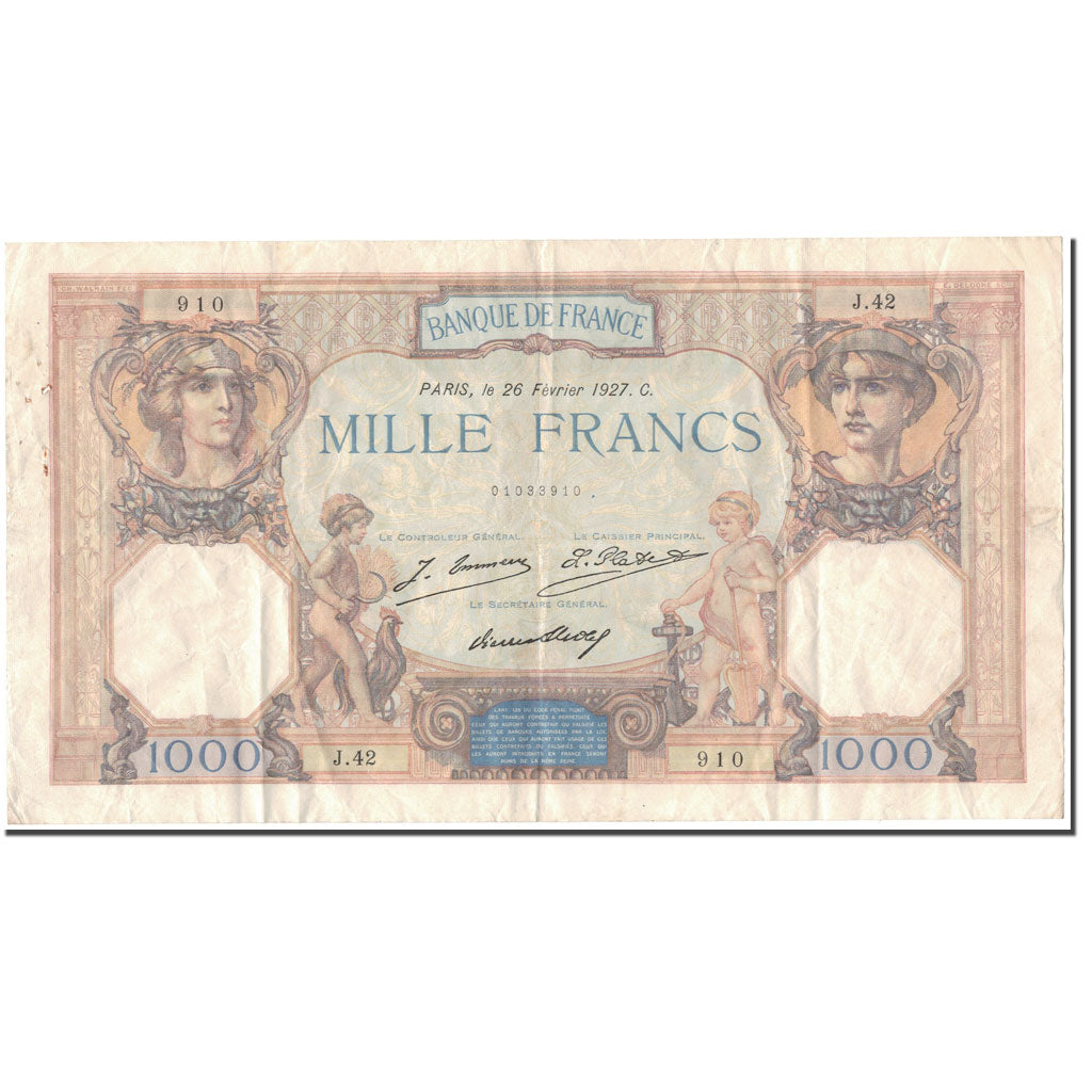 Francia, 1000 Francs, 1 000 F 1927-1940 ''Cérès et Mercure'', 1927-02-26, BC