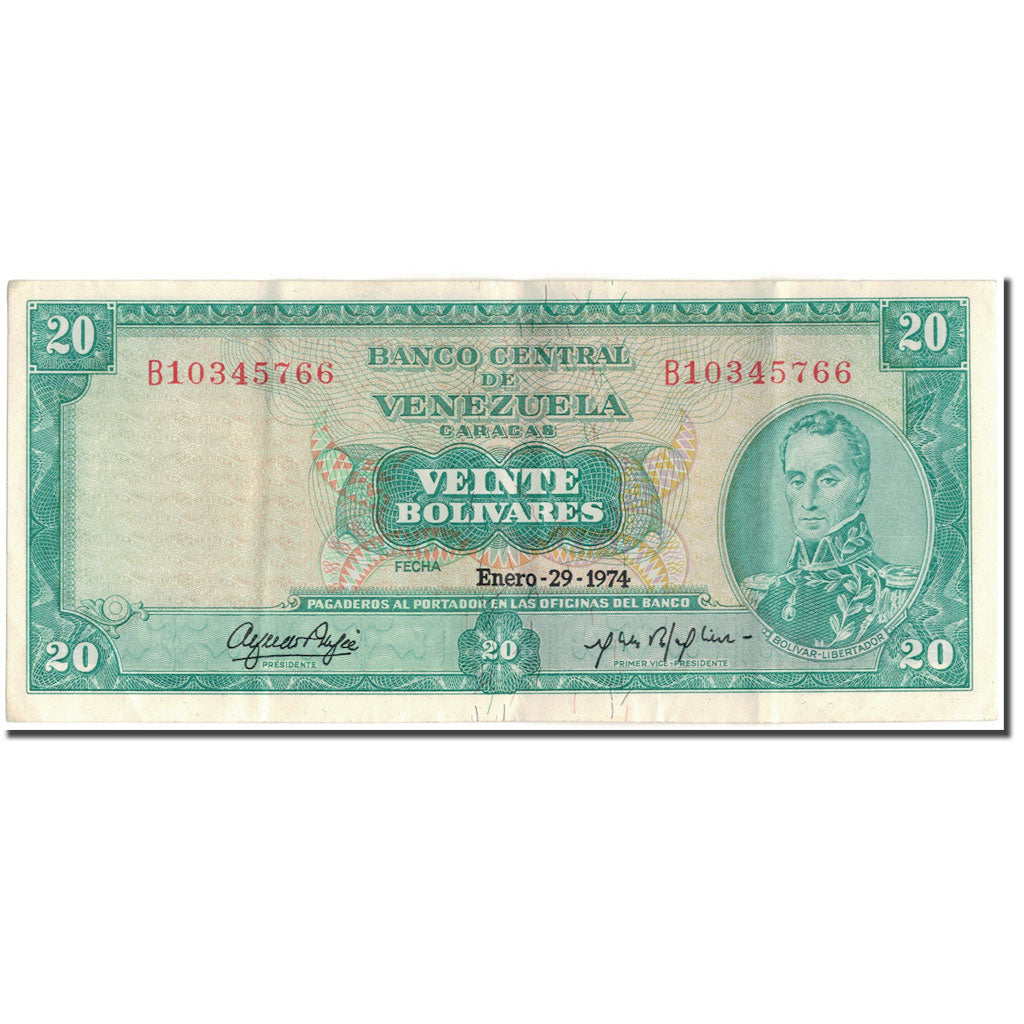 Banknote, Venezuela, 20 Bolivares, 1974-01-29, KM:46e, AU(50-53)