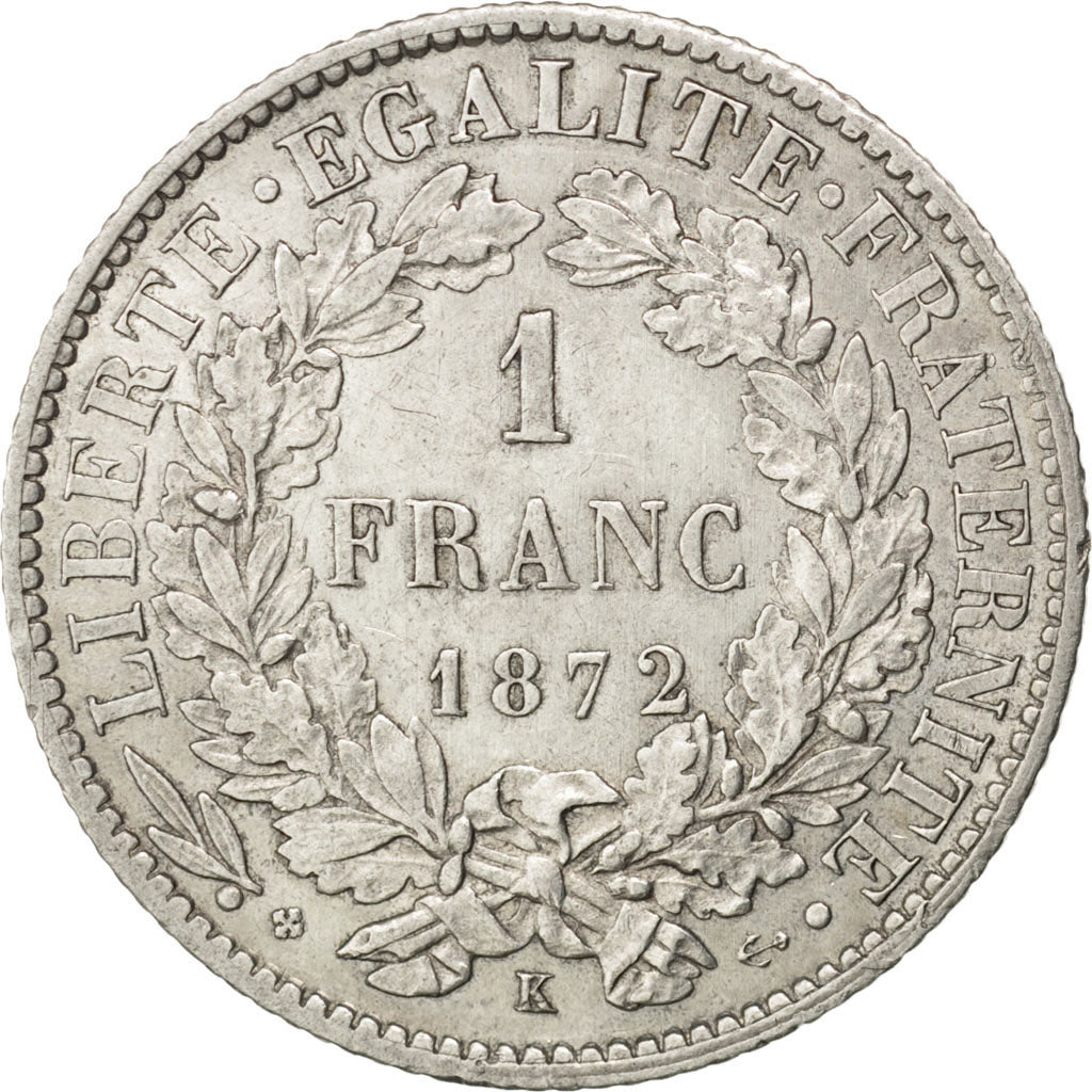 FRANCE, Cérès, Franc, 1872, Bordeaux, KM #822.2, AU(55-58), Silver, 23, Gadoury 