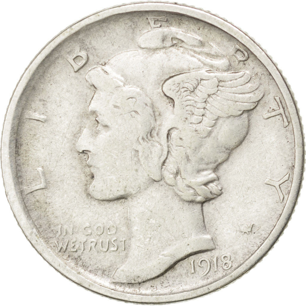UNITED STATES, Mercury Dime, Dime, 1918, U.S. Mint, KM #140, EF(40-45), Silver,.
