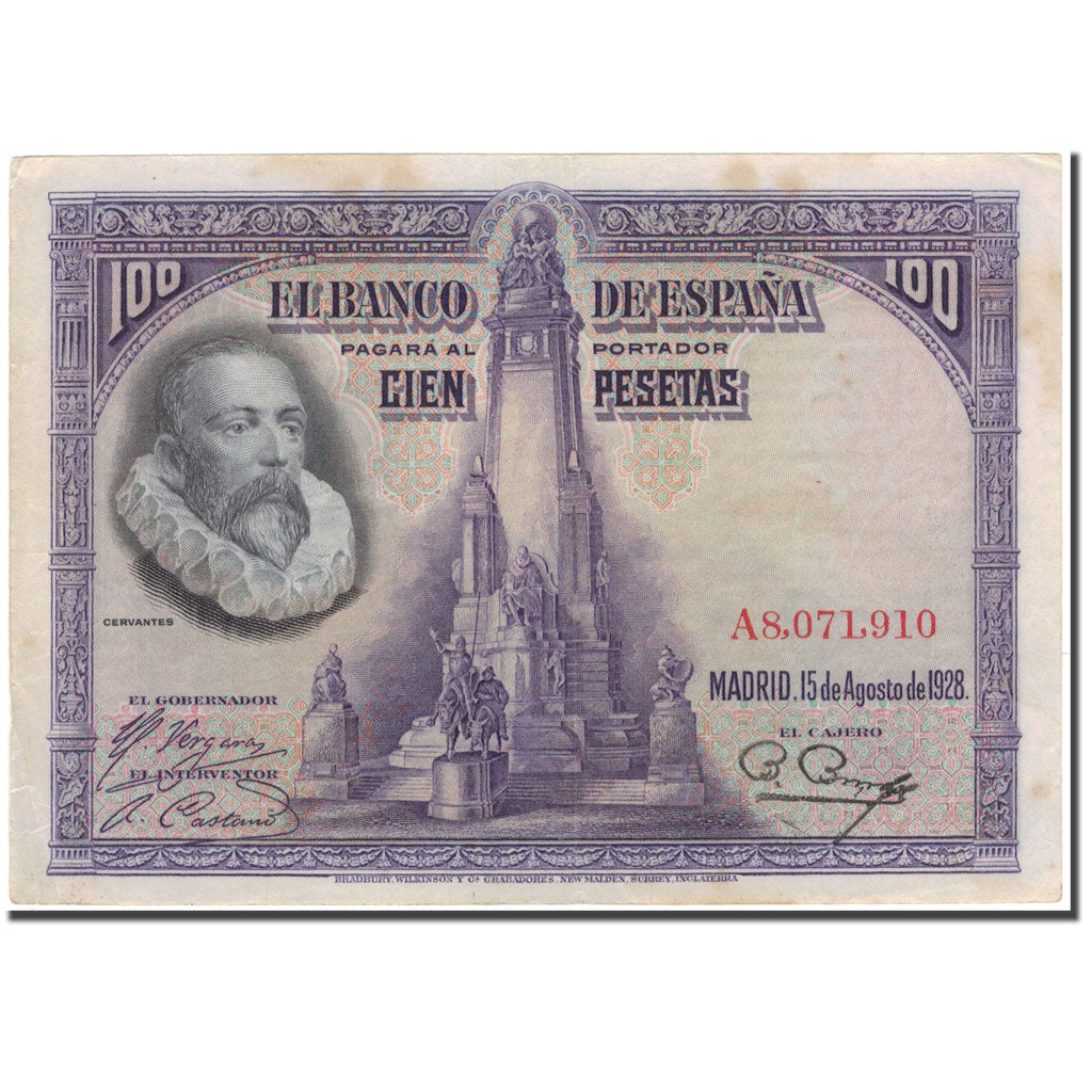 Banknote, Spain, 100 Pesetas, 1928-08-15, KM:76a, VF(30-35)