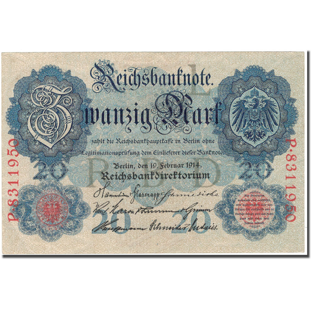 Nota, Alemanha, 20 Mark, 1914, KM:46b, EF(40-45)