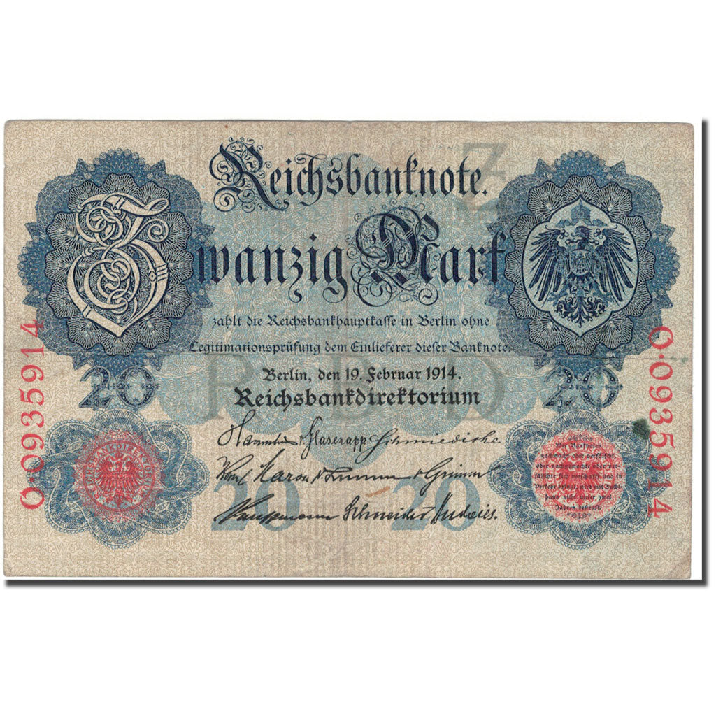 Nota, Alemanha, 20 Mark, 1914, KM:46b, EF(40-45)