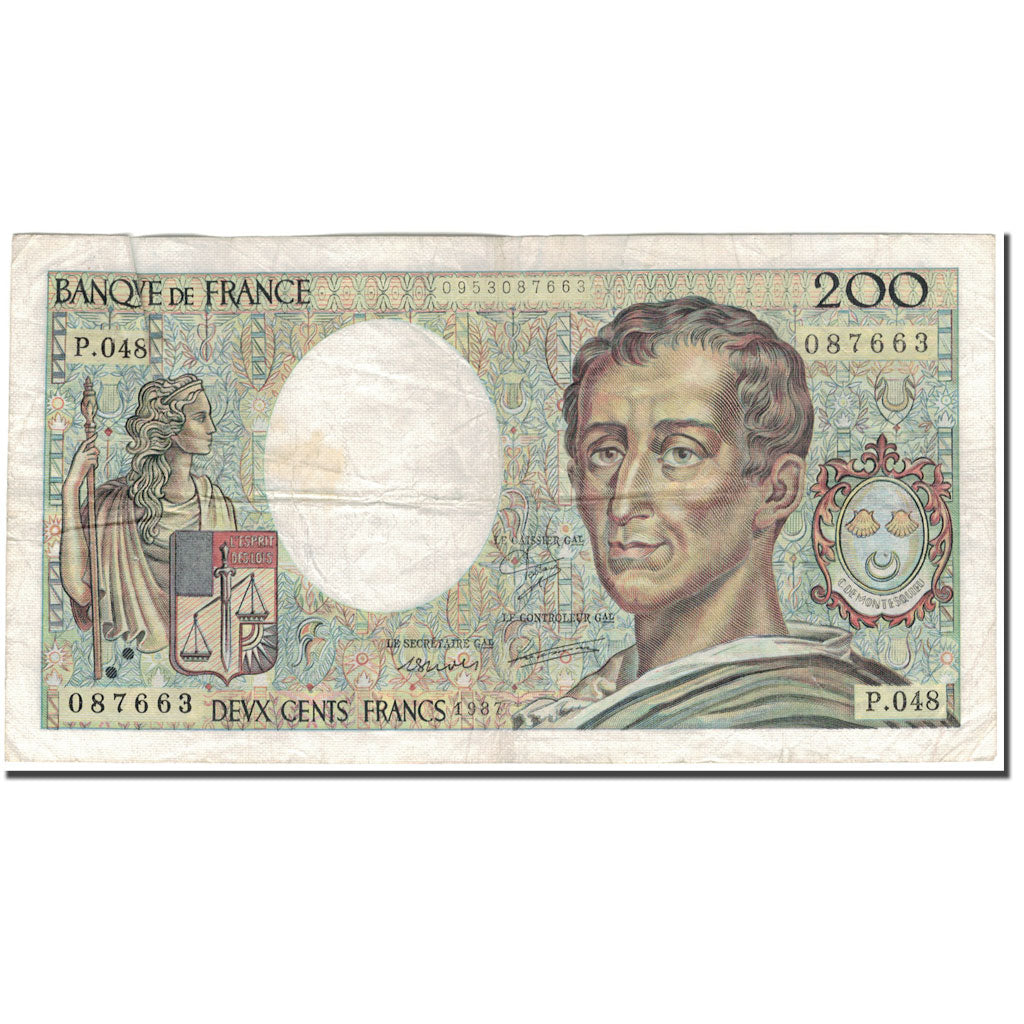 Francja, 200 Francs, Montesquieu, 1987, VF(20-25), Fayette:70.7, KM:155b