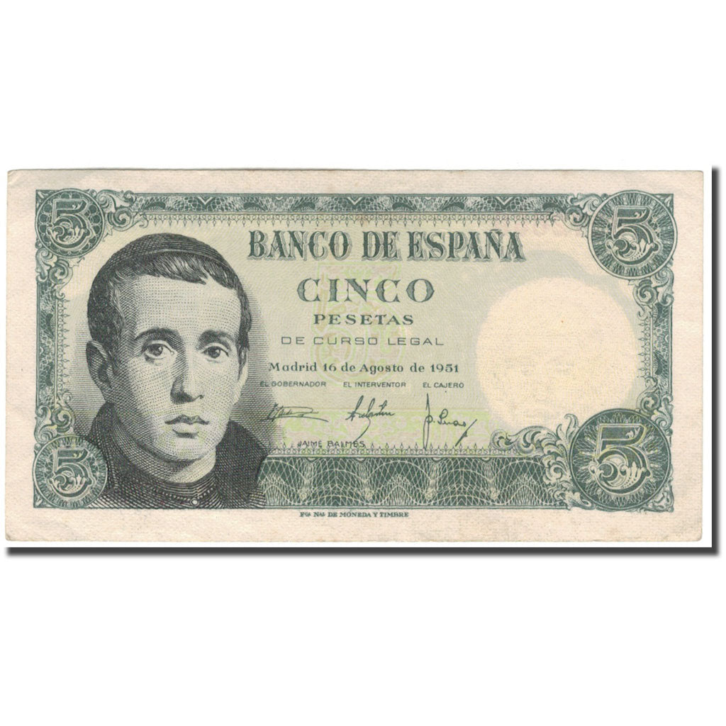 Banknote, Spain, 5 Pesetas, 1951-08-16, KM:140a, AU(55-58)