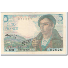 France, 5 Francs, Berger, 1943-12-23, EF(40-45), Fayette:5.5, KM:98a