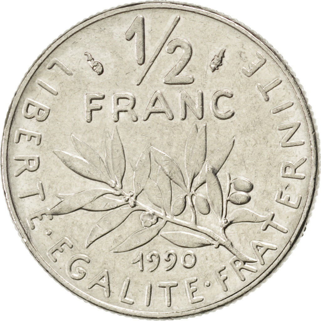 FRANCE, Semeuse, 1/2 Franc, 1990, Paris, KM #931.1, MS(63), Nickel, 19.5,...