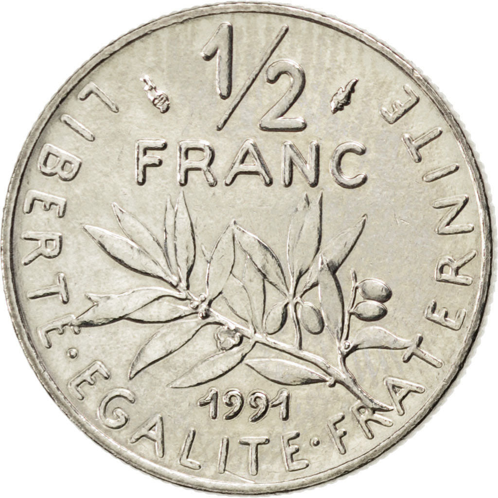 FRANCE, Semeuse, 1/2 Franc, 1991, Paris, KM #931.1, MS(65-70), Nickel, 19.5,...