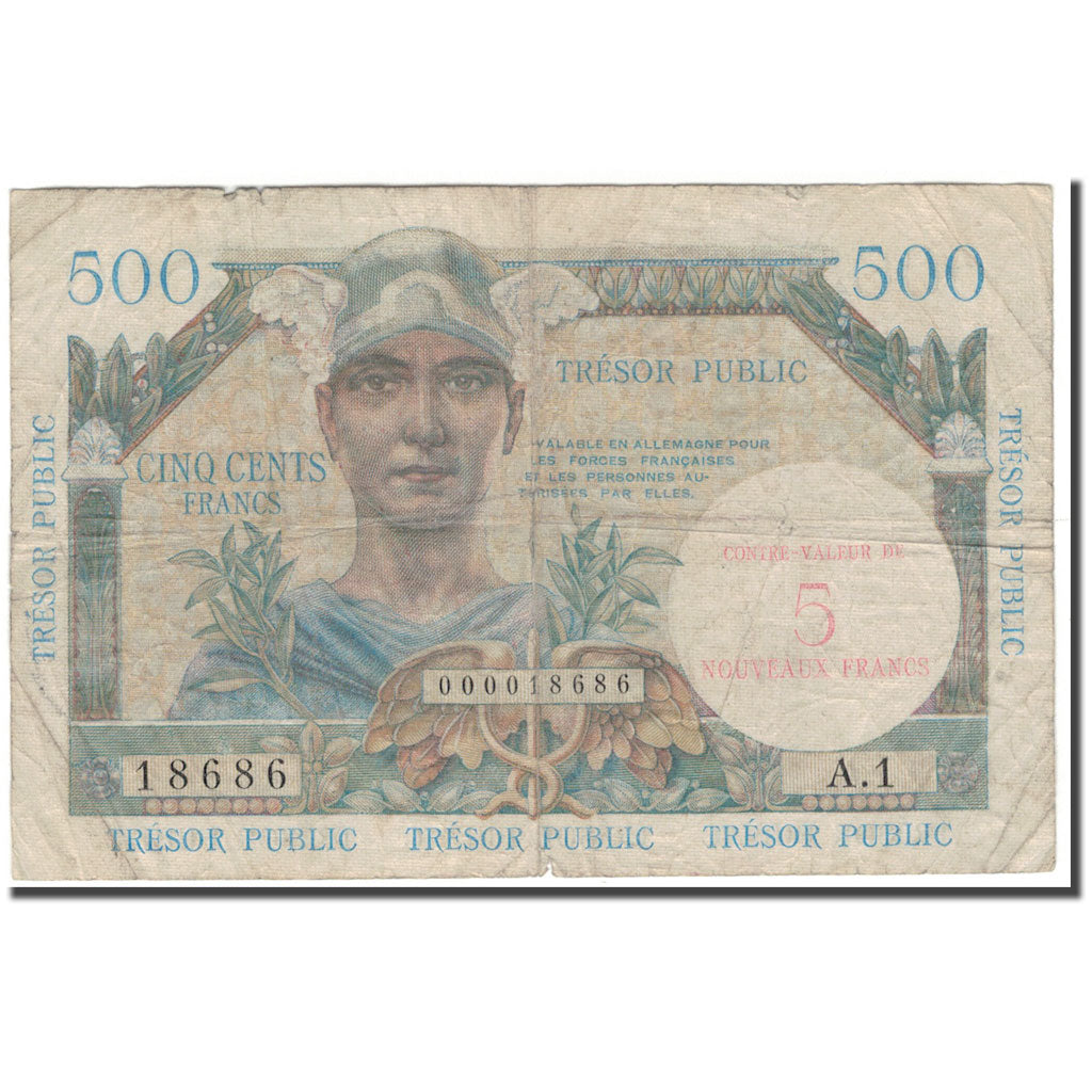 Frankrijk, 5 Nouveaux Francs on 500 Francs, 1955-1963 Treasury, B+