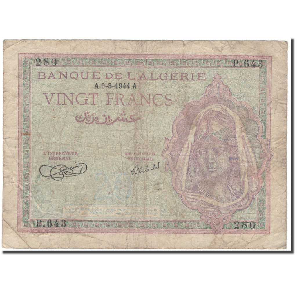 Banknote, Algeria, 20 Francs, 1944-03-09, KM:92a, VG(8-10)