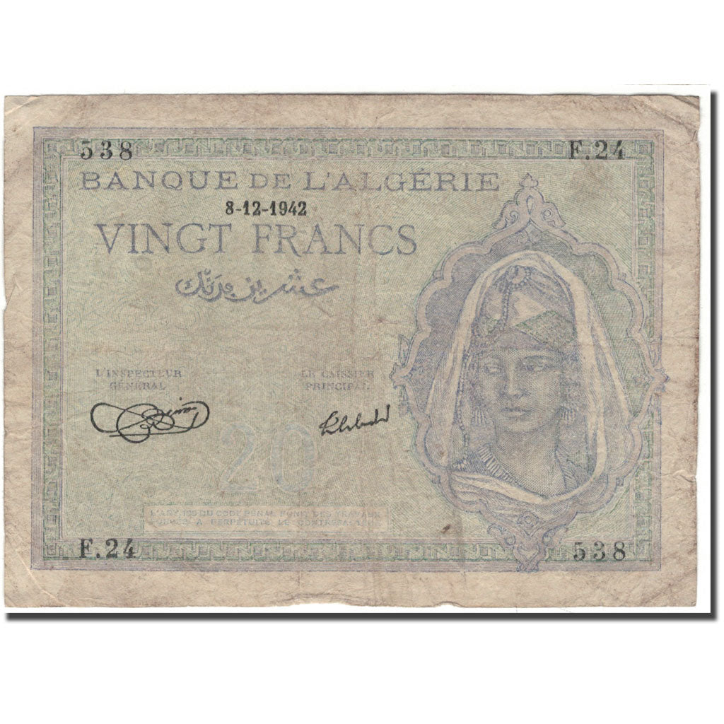 Banknote, Algeria, 20 Francs, 1942-12-08, KM:92a, VG(8-10)