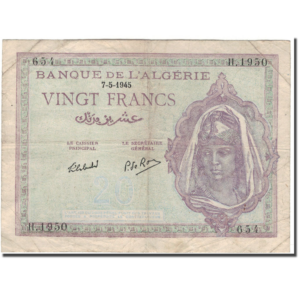 Banknote, Algeria, 20 Francs, 1945-05-07, KM:92b, VF(20-25)