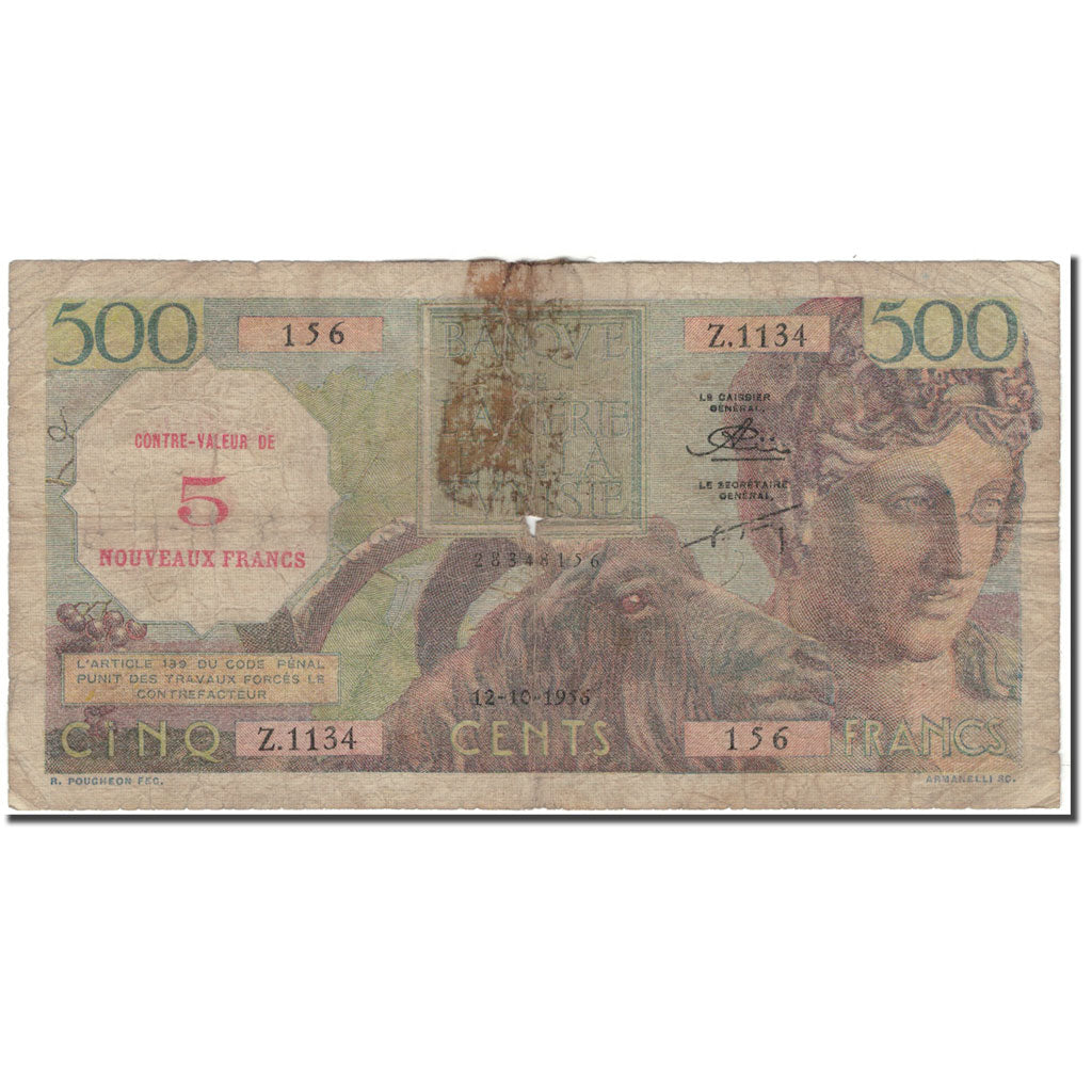 Banknote, Algeria, 5 NF on 500 Francs, 1956-10-12, KM:111, VG(8-10)