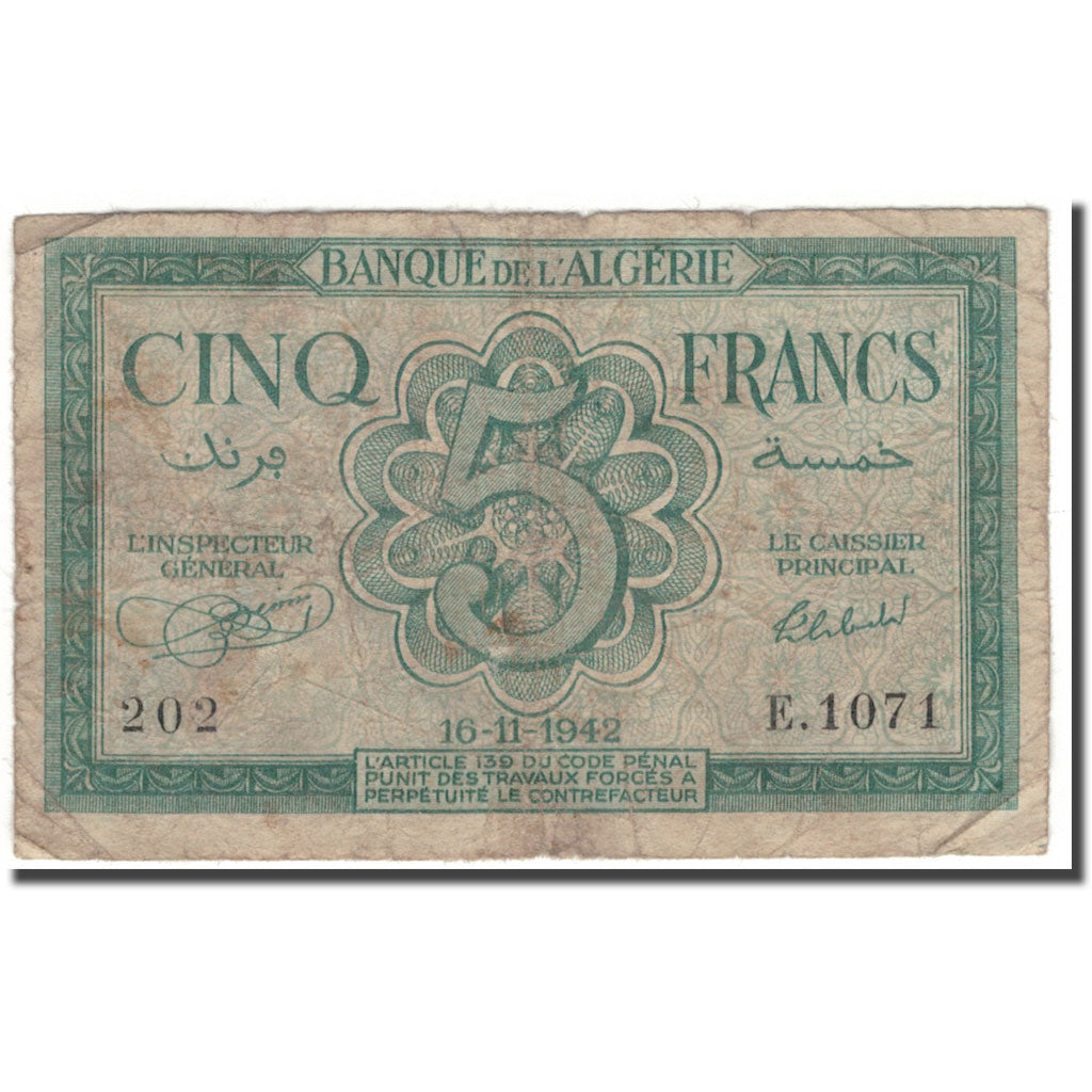 Banknote, Algeria, 5 Francs, 1942-11-16, KM:91, VF(20-25)