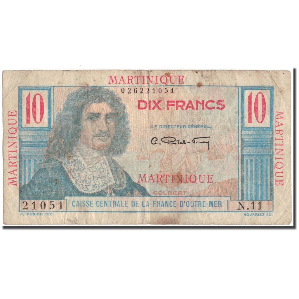 Martinica, 10 Francs, VF(20-25), KM:28