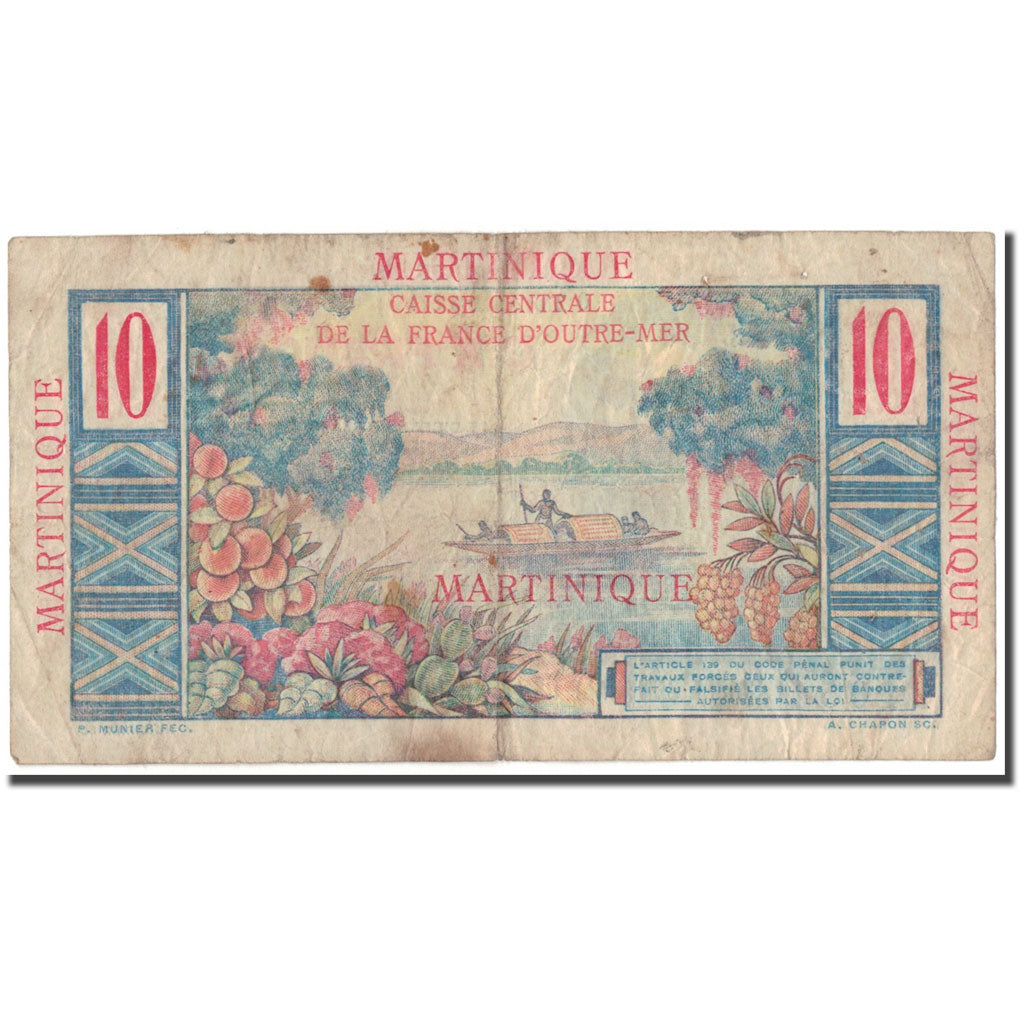 Martinica, 10 Francs, VF(20-25), KM:28