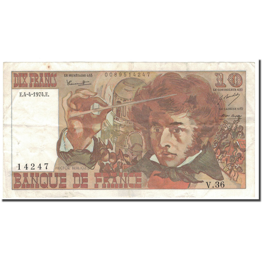 France, 10 Francs, Berlioz, 1974-04-04, TB+, Fayette:63.4, KM:150a