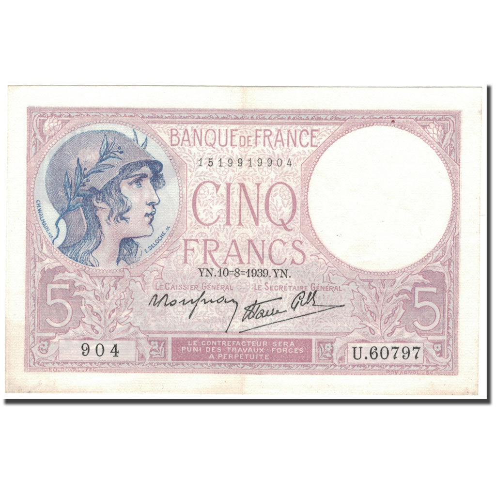 Francia, 5 Francs, 1939-08-10, SPL, Fayette:4.5, KM:83