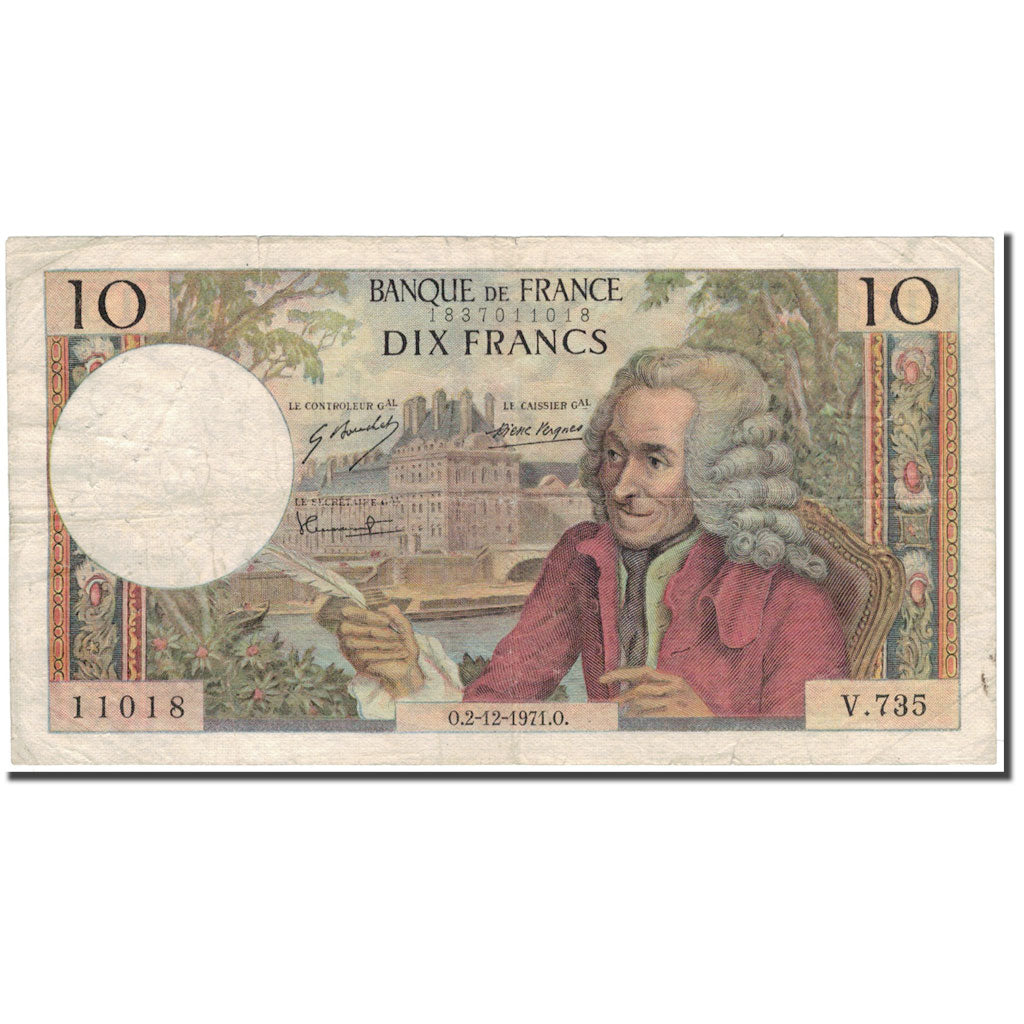 França, 10 Francs, Voltaire, 1971-12-02, EF(40-45), Fayette:62.53, KM:147d