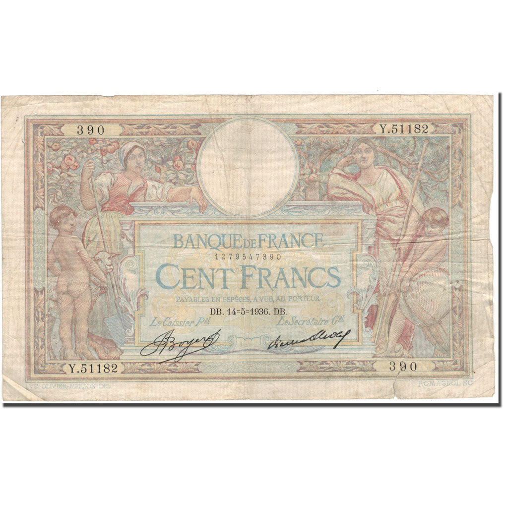 Frankrijk, 100 Francs, Luc Olivier Merson, 1936-05-14, B, Fayette:24.15, KM:78c