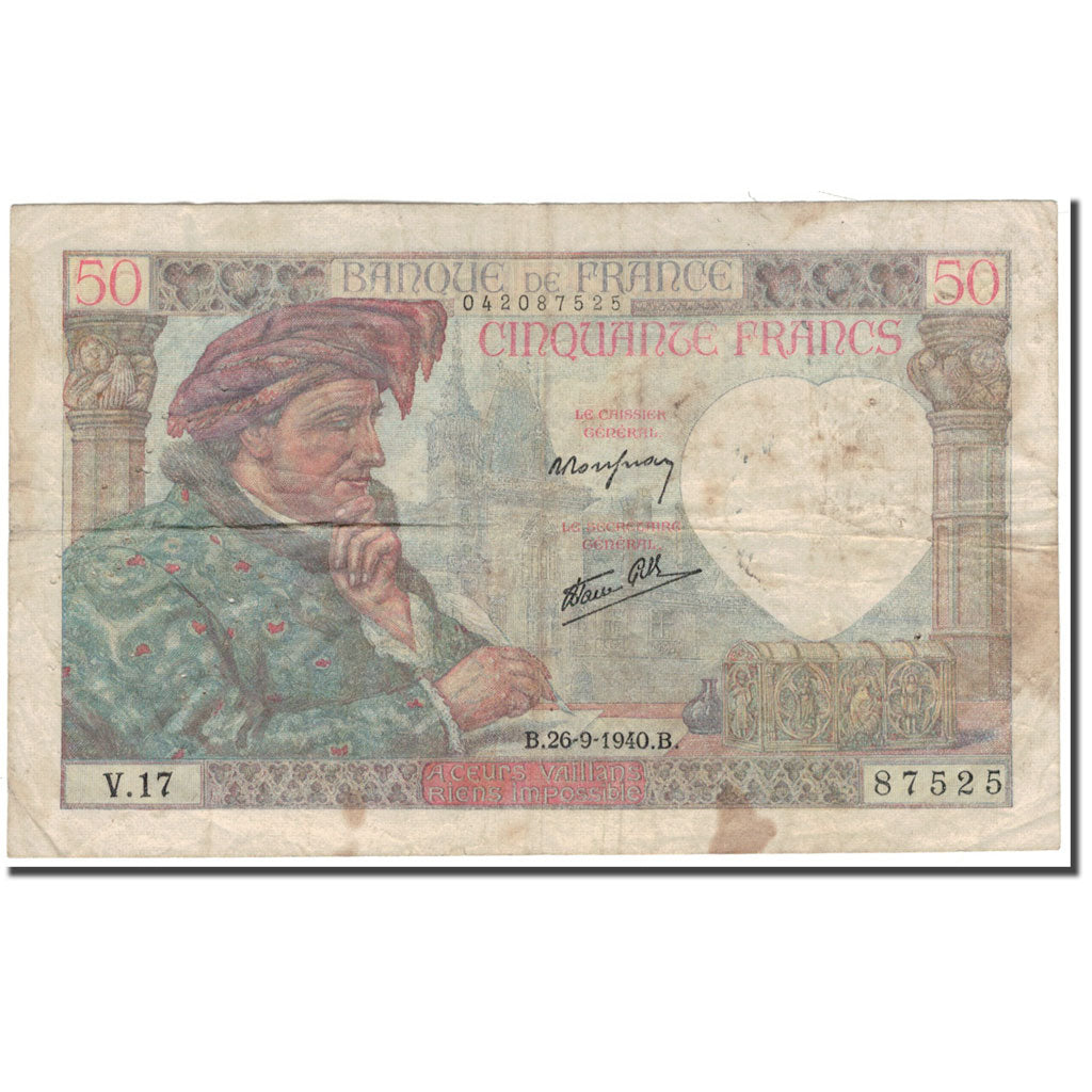 Francia, 50 Francs, Jacques Coeur, 1940-09-26, RC+, Fayette:19.03, KM:93