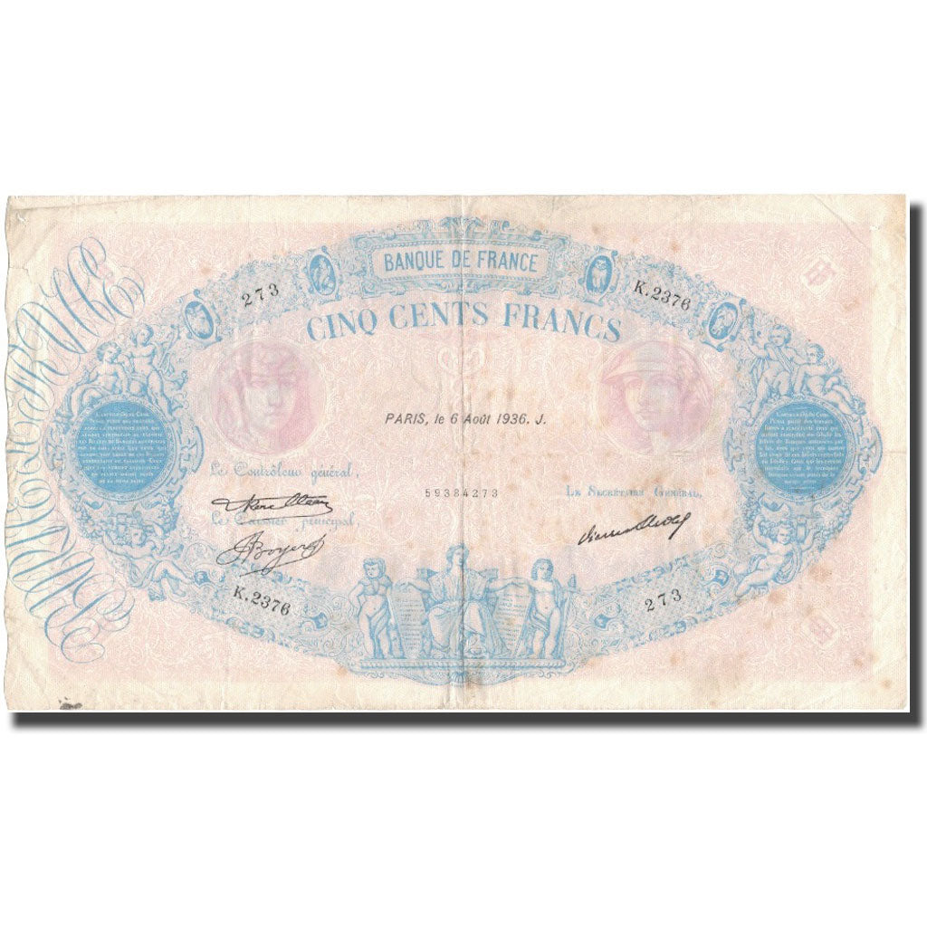 França, 500 Francs, Bleu et Rose, 1936-08-06, VF(20-25), Fayette:30.37, KM:66m