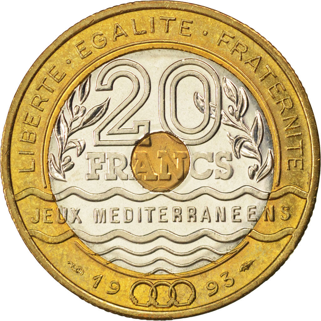 FRANCE, Jeux Méditerranéens, 20 Francs, 1993, KM #1016, MS(65-70), Tri-Metallic,