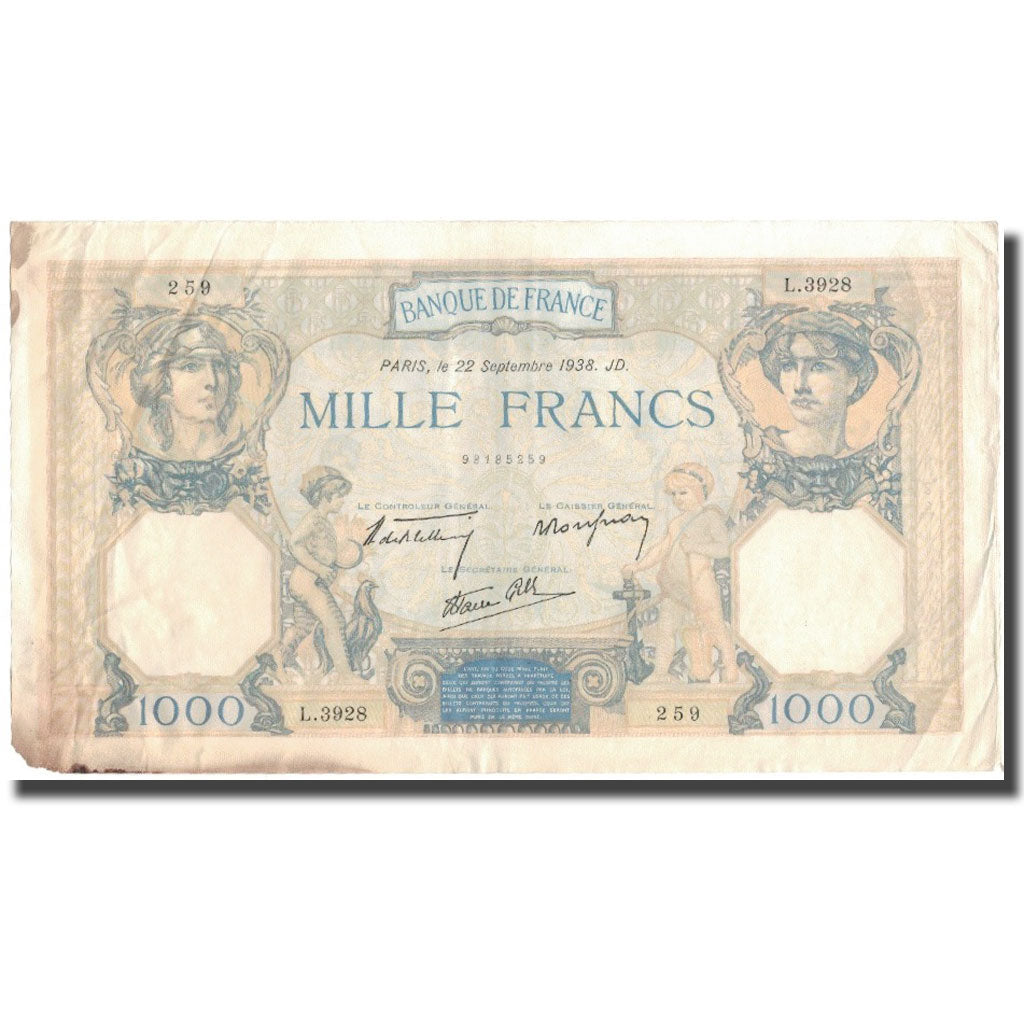 Francia, 1000 Francs, Cérès et Mercure, 1938-09-22, MB+, Fayette:38.27, KM:90c