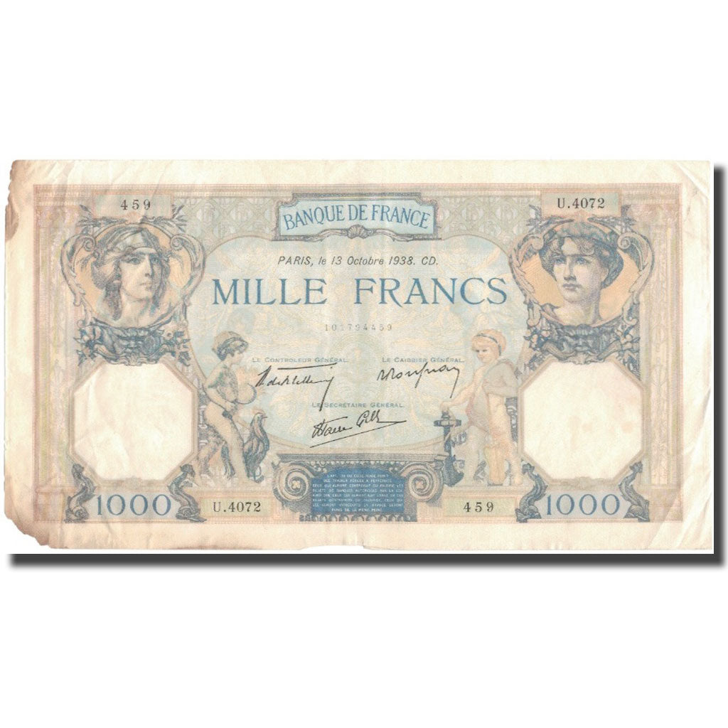 France, 1000 Francs, Cérès et Mercure, 1938-10-13, VF(20-25), Fayette:38.29